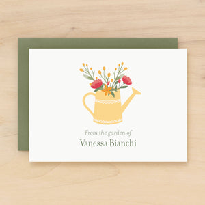 Stem personalized stationery flower and watering can custom garden note card