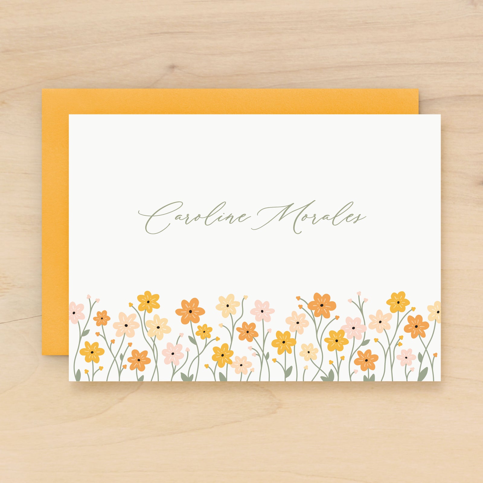 Zinnia personalized stationery yellow and orange flower custom note card